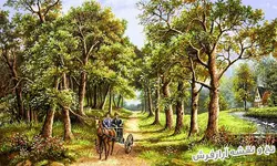 نخ و نقشه تابلو فرش منظره جنگل و کالسکه سوار - 2487