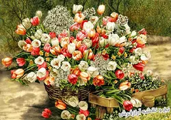 نخ و نقشه تابلو فرش دستباف سبد گل لاله - 1155