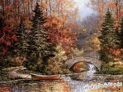 نخ و نقشه تابلو فرش منظره پاییزی پل - 2423