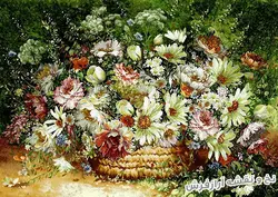 نخ و نقشه تابلو فرش سبد گل یاسمن و رز - 1199