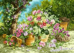 نخ و نقشه تابلو فرش طرح گل و گلدان زیبا - 1162