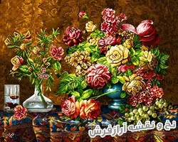 نخ و نقشه تابلو فرش طرح گل و گلدان روی میز - 1110