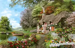 نخ و نقشه آماده تابلو فرش منظره کلبه و برکه - 2479