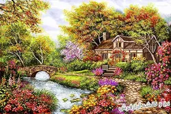 نخ و نقشه تابلو فرش طرح منظره زیبا با 19 رنگ ابریشم - b100