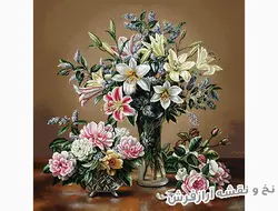 نخ و نقشه بافت تابلو فرش گل و گلدان شیشه ای - 1087