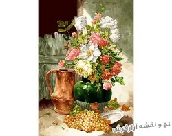 نخ و نقشه تابلو فرش طرح گل و گلدان کوزه ای - 1085