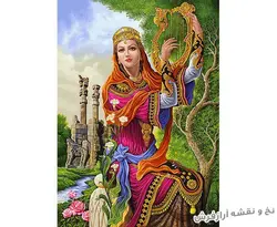نخ و نقشه بافت تابلو فرش دختر ایرانی چنگ نواز - 3245