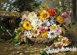 نخ و نقشه بافت تابلو فرش طرح سبد گل - 1051