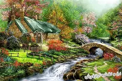 نخ و نقشه تابلو فرش منظره زیبای کلبه و رودخانه - 2223
