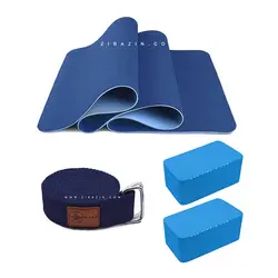 ست یوگا آبی سرمه ای : مت ۸ میل حرفه ای + ۲ عدد آجر + بند یوگا رایگان + کاور و بند حمل رایگان