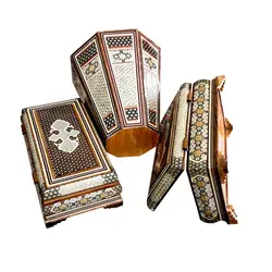 ست سه تکه سطل و جعبه دستمال و جای کارد و چنگال خاتم کاری مدل توپی کد B 01