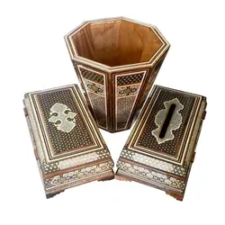 ست سه تکه سطل و جعبه دستمال و جای کارد و چنگال خاتم کاری مدل توپی کد 02 B