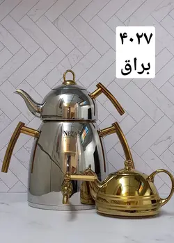 کتری وقوری3لیتر دسته استیل طلایی (دو قوری) نزاز 4027