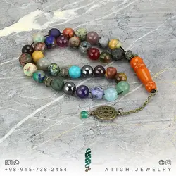 تسبیح احجار الشفا (سنگ درمانی) 34 نوع سنگ، هفت سنگ چاکرا و محافظ هاله انرژی 33 دانه شیخک کهربا طبیعی سری بینظیر سنگ های کمیاب
