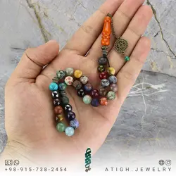 تسبیح احجار الشفا (سنگ درمانی) 34 نوع سنگ، هفت سنگ چاکرا و محافظ هاله انرژی 33 دانه شیخک کهربا طبیعی سری بینظیر سنگ های کمیاب
