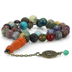 تسبیح احجار الشفا (سنگ درمانی) 34 نوع سنگ، هفت سنگ چاکرا و محافظ هاله انرژی 33 دانه شیخک کهربا طبیعی سری بینظیر سنگ های کمیاب