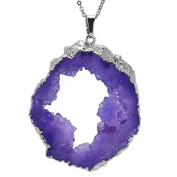 گردنبند ژئود آمتیست بلور معدنی خوشرنگ کیفیت بینظیر سنگ درمانی همراه زنجیر استیل طلایی ضد حساسیت ضد استرس