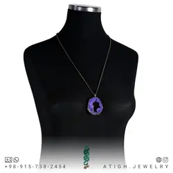 گردنبند ژئود آمتیست بلور معدنی خوشرنگ کیفیت بینظیر سنگ درمانی همراه زنجیر استیل طلایی ضد حساسیت ضد استرس