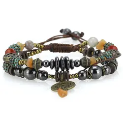 دستبند بوهو استایل حدید، عقیق هندی نامنظم، عقیق سلیمانی و سرخ معدنی همراه فیمو واشری طراحی اسلیمی بافت کشویی فری سایز