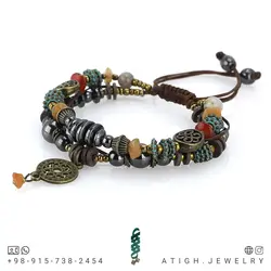 دستبند بوهو استایل حدید، عقیق هندی نامنظم، عقیق سلیمانی و سرخ معدنی همراه فیمو واشری طراحی اسلیمی بافت کشویی فری سایز