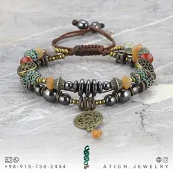 دستبند بوهو استایل حدید، عقیق هندی نامنظم، عقیق سلیمانی و سرخ معدنی همراه فیمو واشری طراحی اسلیمی بافت کشویی فری سایز