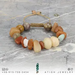 دستبند کالسایت، آونتورین نارنجی، عقیق هندی تراش نامنظم، لاریمار، موکائیت و جاسپر خردلی معدنی بافت کشویی