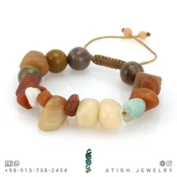 دستبند کالسایت، آونتورین نارنجی، عقیق هندی تراش نامنظم، لاریمار، موکائیت و جاسپر خردلی معدنی بافت کشویی