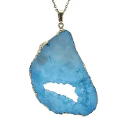 گردنبند ژئود کوارتز آبی بلور معدنی درشت سنگ درمانی بسیار زیبا و خوشرنگ همراه با زنجیر استیل ضد حساسیت طلایی یا بند چرم