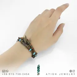 دستبند بوهو استایل چشم ببر، عقیق هندی و فیروزه تبتی نامنظم معدنی همراه فیمو واشری طراحی اسلیمی بافت کشویی فری سایز