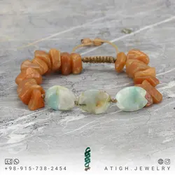 دستبند آمازونیت تراش بیضی و عقیق هندی تراش نامنظم معدنی بسیار خاص کوالیتی سنگ بالا بافت کشویی فری سایز