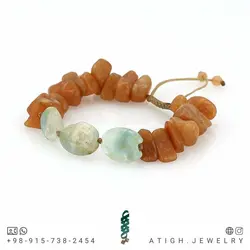 دستبند آمازونیت تراش بیضی و عقیق هندی تراش نامنظم معدنی بسیار خاص کوالیتی سنگ بالا بافت کشویی فری سایز