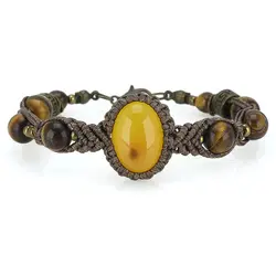 دستبند عقیق زرد بسیار خوشرنگ و چشم ببر معدنی بافت مکرومه قهوه ای طرح ورساچه تخصصی چاکرای خورشیدی