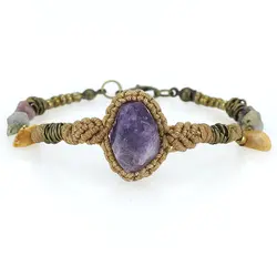 دستبند آمتیست تراش نخورده (راف)، آونتورین نارنجی، لابرادوریت، تورمالین صورتی تراش نخورده معدنی دور بافت مکرومه بافت کشویی فری سایز ضد استرس