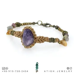 دستبند آمتیست تراش نخورده (راف)، آونتورین نارنجی، لابرادوریت، تورمالین صورتی تراش نخورده معدنی دور بافت مکرومه بافت کشویی فری سایز ضد استرس