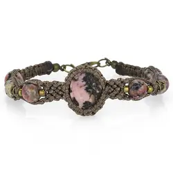 دستبند رودونیت معدنی با نقش و نگار بسیار زیبا خوشرنگ بافت مکرومه دستساز