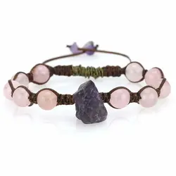 دستبند آمتیست راف ( تراش نخورده) و کوارتز صورتی (رز کوارتز) معدنی رنگ زیبا دور بافت کشویی فری سایز