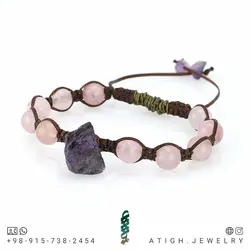 دستبند آمتیست راف ( تراش نخورده) و کوارتز صورتی (رز کوارتز) معدنی رنگ زیبا دور بافت کشویی فری سایز