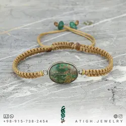 دستبند فیروزه سبز رضوی نیشابوری صددرصد طبیعی بسیار خوشرنگ فریم نقره 925 عیار دستساز بافت مکرومه فری سایز کشویی