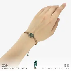 دستبند فیروزه سبز رضوی نیشابوری صددرصد طبیعی بسیار خوشرنگ فریم نقره 925 عیار دستساز بافت مکرومه فری سایز کشویی