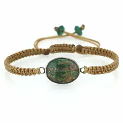 دستبند فیروزه سبز رضوی نیشابوری صددرصد طبیعی بسیار خوشرنگ فریم نقره 925 عیار دستساز بافت مکرومه فری سایز کشویی