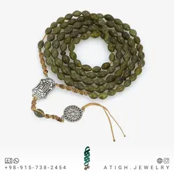 تسبیح و گردنبند شاه مقصود افغان سبز خوشزنگ مرغوب 101 دانه تراش هلی عالی معدنی دستساز بسیار خوشرنگ طراحی اسلیمی بافت مکرومه