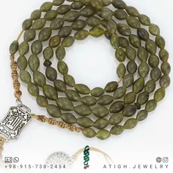 تسبیح و گردنبند شاه مقصود افغان سبز خوشزنگ مرغوب 101 دانه تراش هلی عالی معدنی دستساز بسیار خوشرنگ طراحی اسلیمی بافت مکرومه