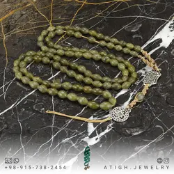 تسبیح و گردنبند شاه مقصود افغان سبز خوشزنگ مرغوب 101 دانه تراش هلی عالی معدنی دستساز بسیار خوشرنگ طراحی اسلیمی بافت مکرومه