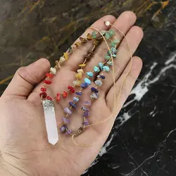گردنبند هفت سنگ چاکرا معدنی تراش نامنظم و آویز منشوری سلنایت معدنی سری 5 سنگ های قیمتی بافت گره ای