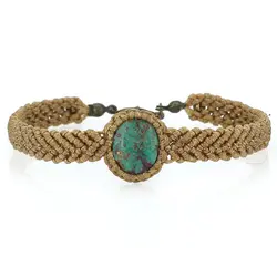 دستبند فیروزه سبز رضوی نیشابوری صددرصد طبیعی بسیار خوشرنگ دستساز بافت مکرومه فری سایز کشویی