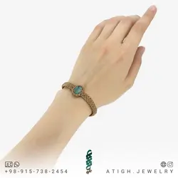 دستبند فیروزه سبز رضوی نیشابوری صددرصد طبیعی بسیار خوشرنگ دستساز بافت مکرومه فری سایز کشویی