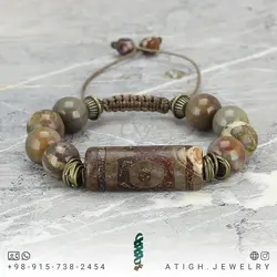 دستبند مهره لول عقیق دراگون مات طرح قدیمی با نقش و نگار زیبا همراه جاسپر معدنی کوالیتی سنگ بالا بافت کشویی
