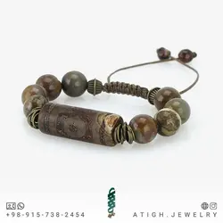 دستبند مهره لول عقیق دراگون مات طرح قدیمی با نقش و نگار زیبا همراه جاسپر معدنی کوالیتی سنگ بالا بافت کشویی