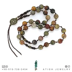 تسبیح کلکسیونی جاسپر امپریال کمیاب هارمونی رنگ خاص با نقش و نگار زیبا 33 دانه دستساز اسلیمی بافت مکرومه
