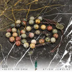 تسبیح کلکسیونی جاسپر امپریال کمیاب هارمونی رنگ خاص با نقش و نگار زیبا 33 دانه دستساز اسلیمی بافت مکرومه